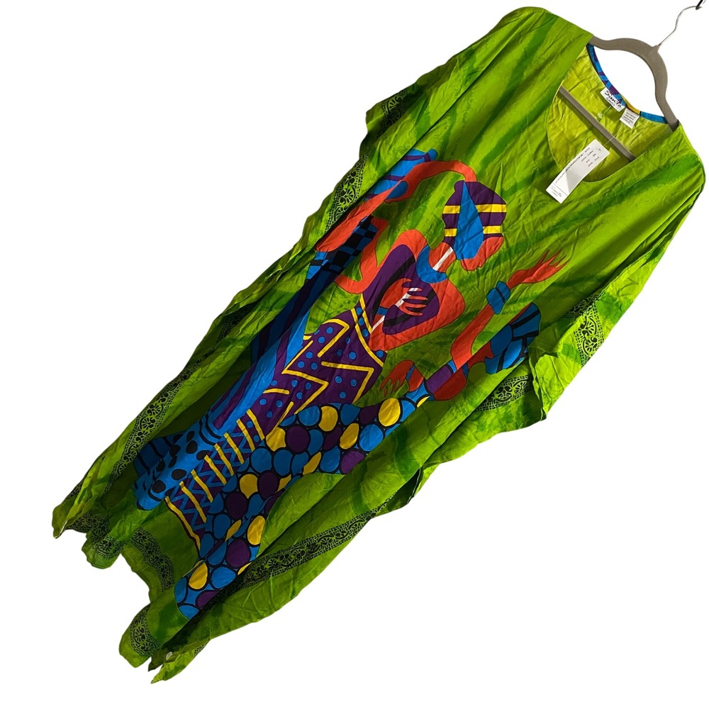 Sante Classics Lime Green Dancing Figure Kaftan Maxi Dress One Size NWT